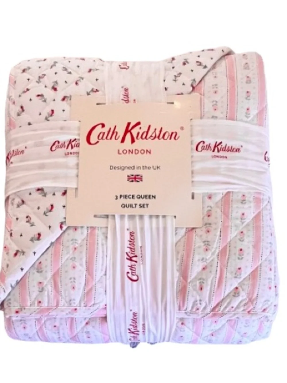 🆕- Cath Kidston Rosebud Pink Floral & Stripe Queen 3 Piece Quilt Set. Beautiful